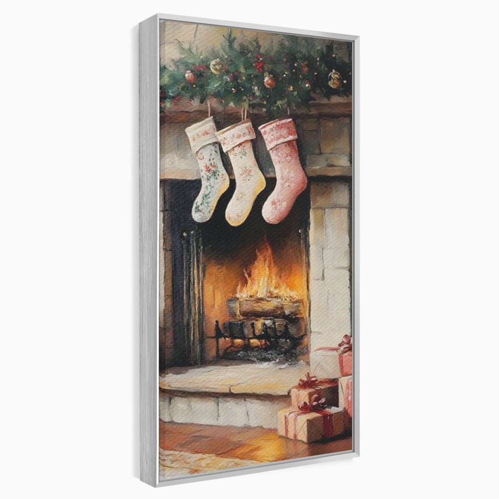 Tablou canvas cu tablou canvas cu semineu si ciorapi de craciun, in rama de aluminiu argintiu